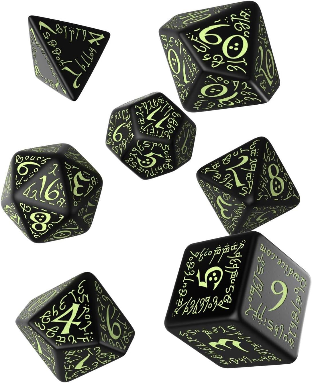 Q WORKSHOP Elven Dice Set Black & Glow in the dark 7 Polyhedral Dice, 16mm - Image 2