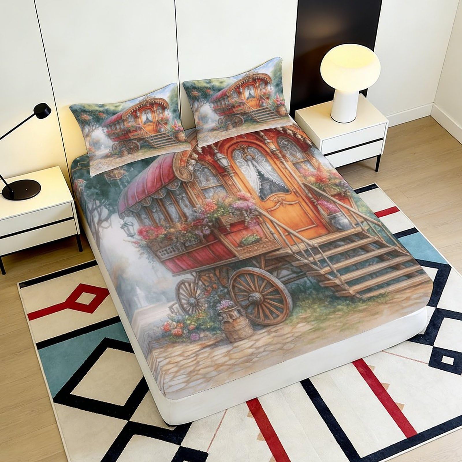 Sábana bajera ajustable con estampado 3D para caravana, funda de cama de