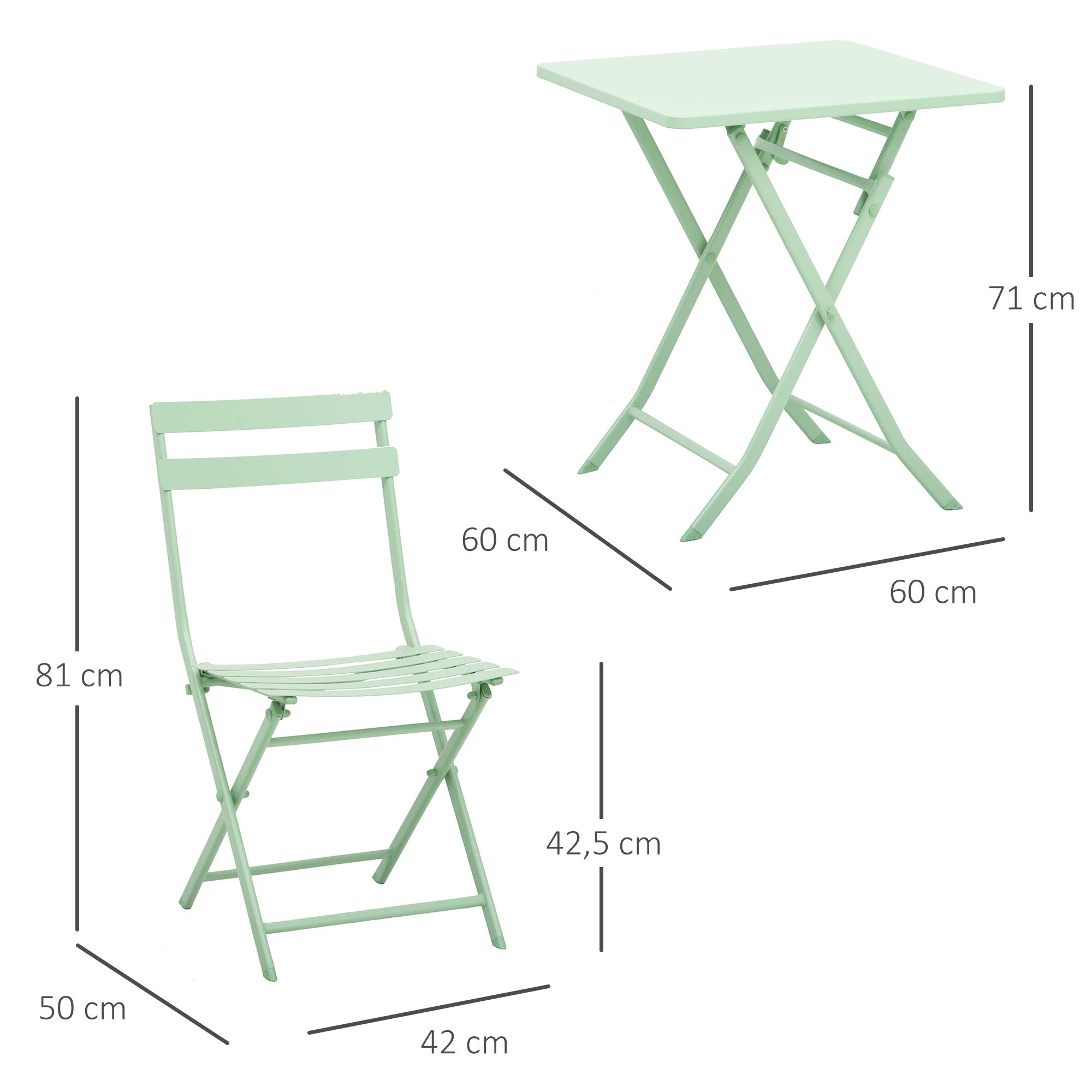 Outsunny Salon de Jardin Bistro Pliable Table Carrée 60x60x71 cm Métal Thermolaqué Vert d'Eau avec 2 Chaises