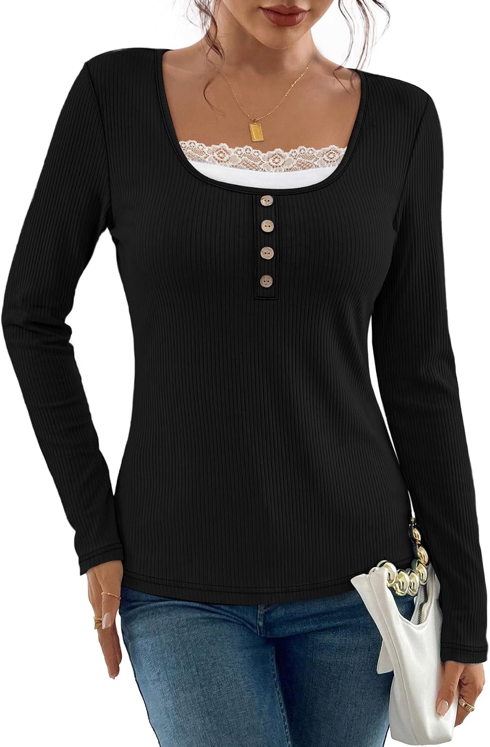 WIHOLL Women's Long Sleeve Tops Lace Trim Scoop Neck Fall Clothes, Black, M