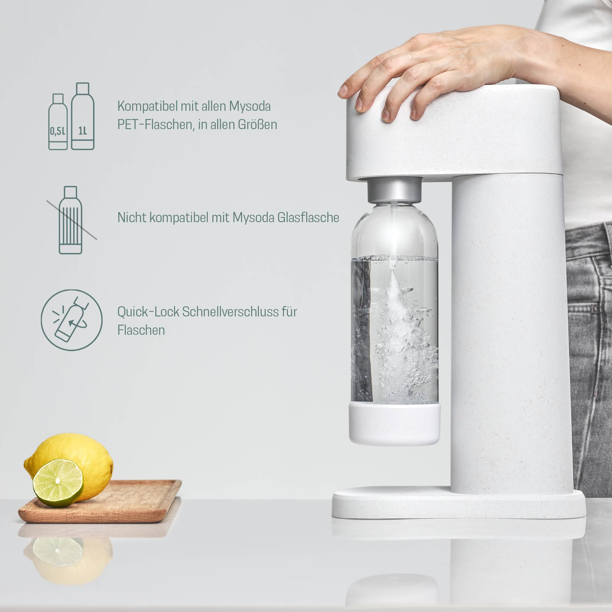 Mysoda: Woody zestaw saturatora z odnawialnego kompozytu drewnianego, z plastikową butelką Quick-Lock 1 l, bez BPA i cylindrem CO2, różowy