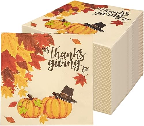 50 servilletas de papel de 3 capas de Acción de Gracias, calabazas de otoño, servilletas de cóctel para cena, cocina, baño, fiesta de Acción de