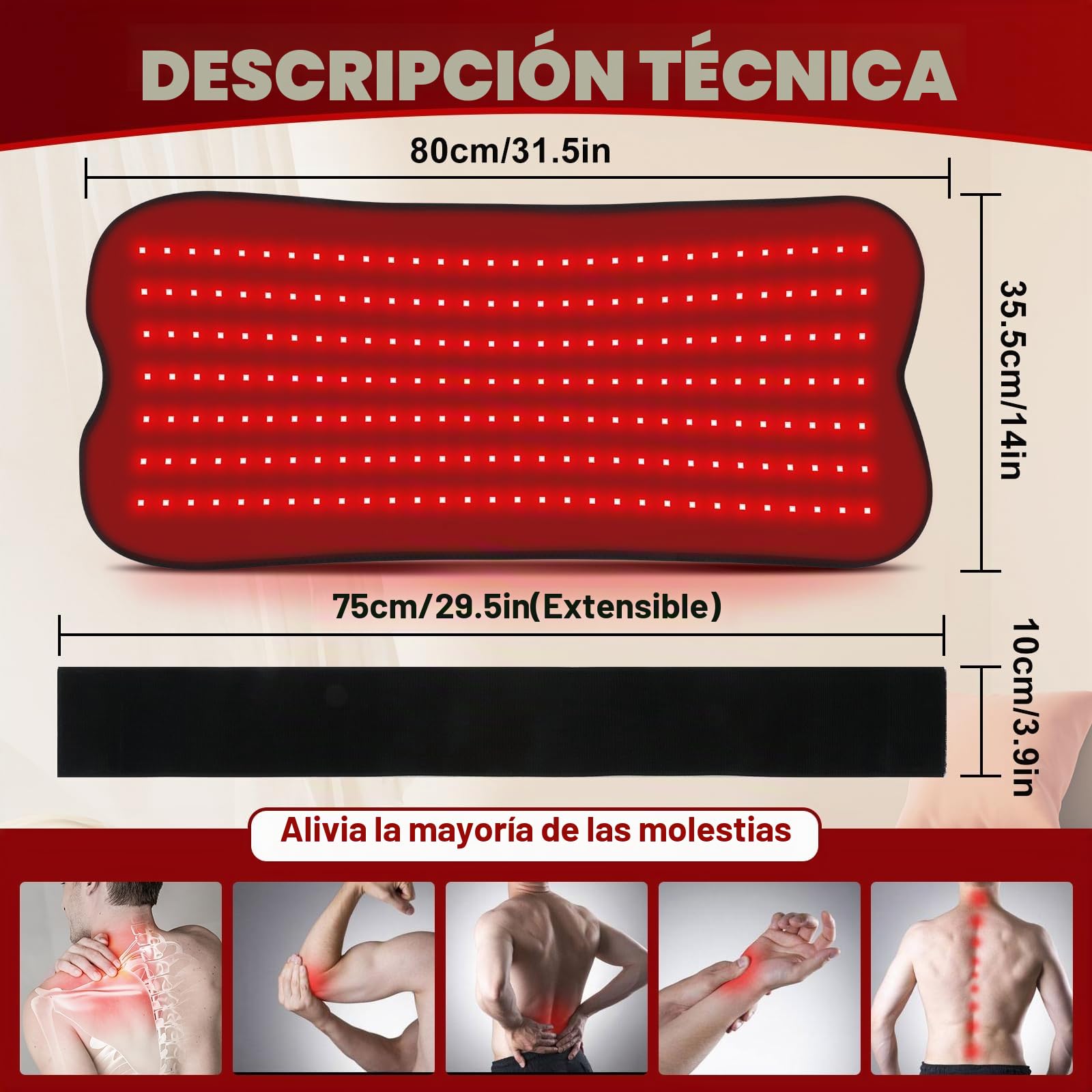 210 LEDS Cinturón Terapia de Luz Roja, 9 niveles de temporizador, 5 niveles de intensidad, 660 nm y 850 nm Lámpara de Infrarrojos luz Roja Terapia, para piernas, espalda, cintura, hombros negros