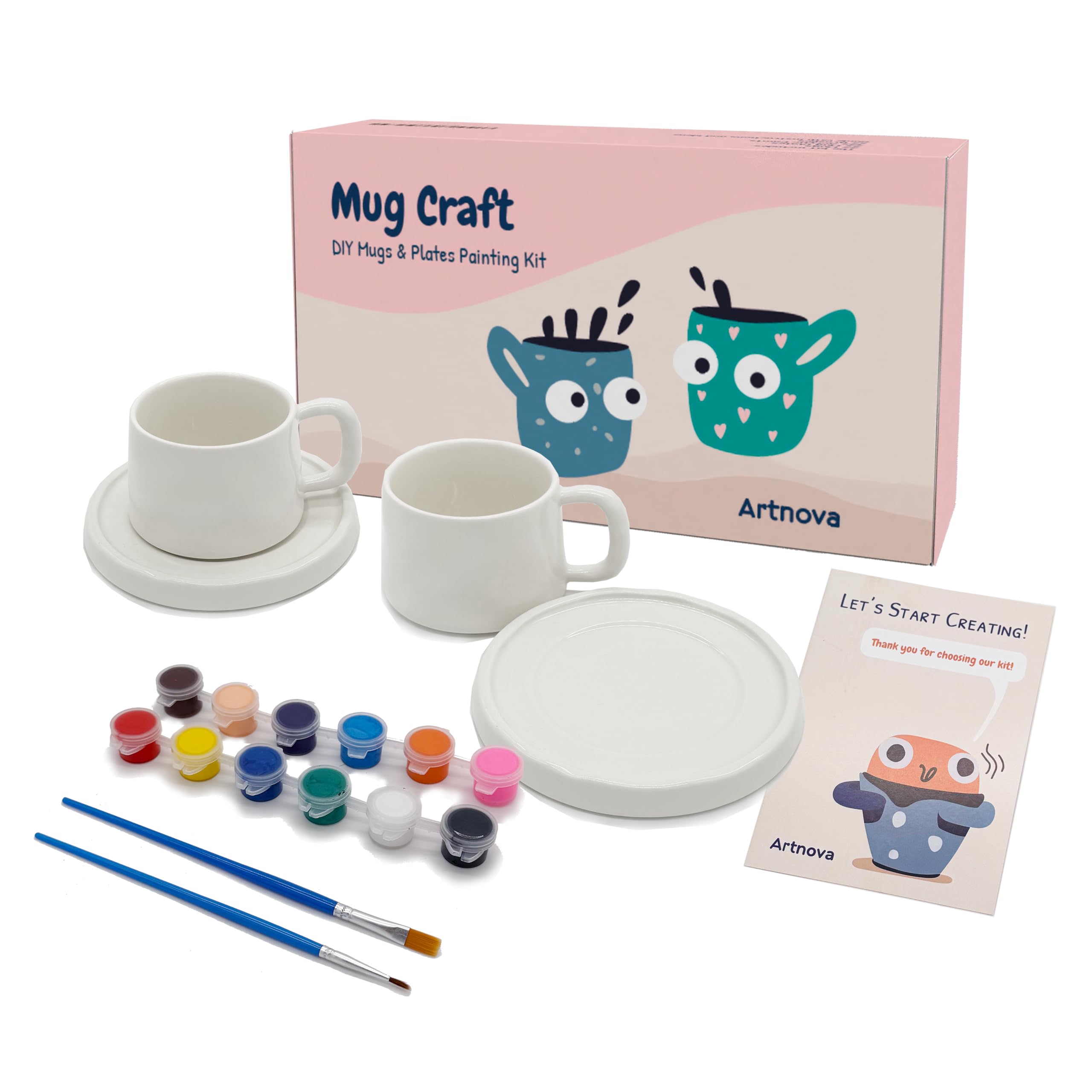 Kit pour peindre tasses et assiettes – Ensemble DIY pour 2 personnes avec 2 tasses, 2 assiettes, peintures acryliques, pinceaux et guide, cadeau créatif pour couple, amis ou famille, activité