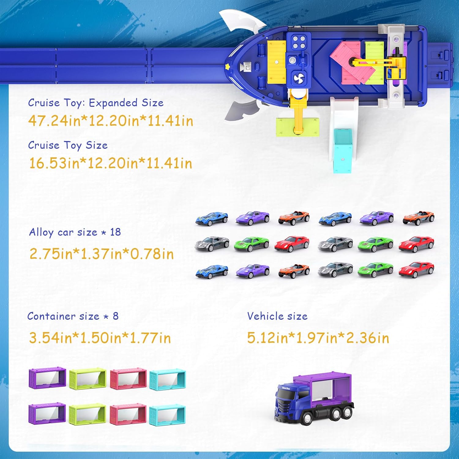 Cargo Boat Toys for 3 4 5 6 Year Old Boys Kids, Toy Boat and Crane Playset with 18 Pcs Die-Cast Cars, 8 Containers, 4 Sound and LED Light, Ideas Birthday Gifts for 3 4 5 6 Year Old Boys
