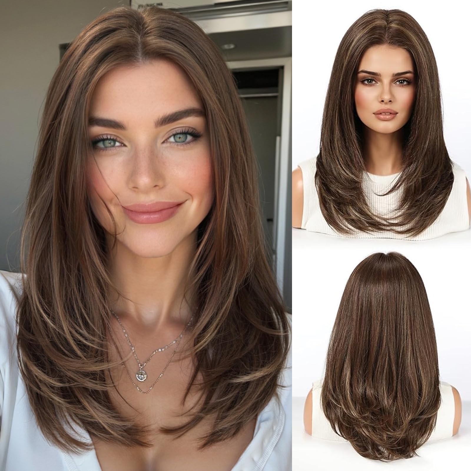 HAIRCUBE Human Hair Wig Lace Front Wig Glueless Wigs Layered Shoulder-Length HairWigs for Women, Brown with Blonde Highlights, Human Hair Blend, 13"×5"×1" HD La