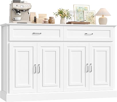 FirFurd Sideboard 140cm White Kitchen Storage Cabinet with Doors & Drawers | Kitchen Buffet Cabinet with Adjustable Shelves and Raised Base, Large Sideboard for Living Room Dining Room 140x39.5x92.2cm