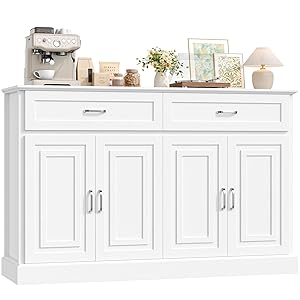 FirFurd 140cm Aparador Cocina, Mueble Auxiliar de Cocina, Aparador Comedor, Armario Almacenaje, con 2 Cajones, 4 Puertas (Blanco)