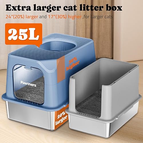 Pawtners Stainless Steel Cat Litter Box, XL Extra Large Kitty Litter Pan, Front Entry Top Exit Enclosed Metal Cat Toilet for Odor Control with Removable Lid & Scoop, Anti-Leakage, Easy to Clean(Blue)