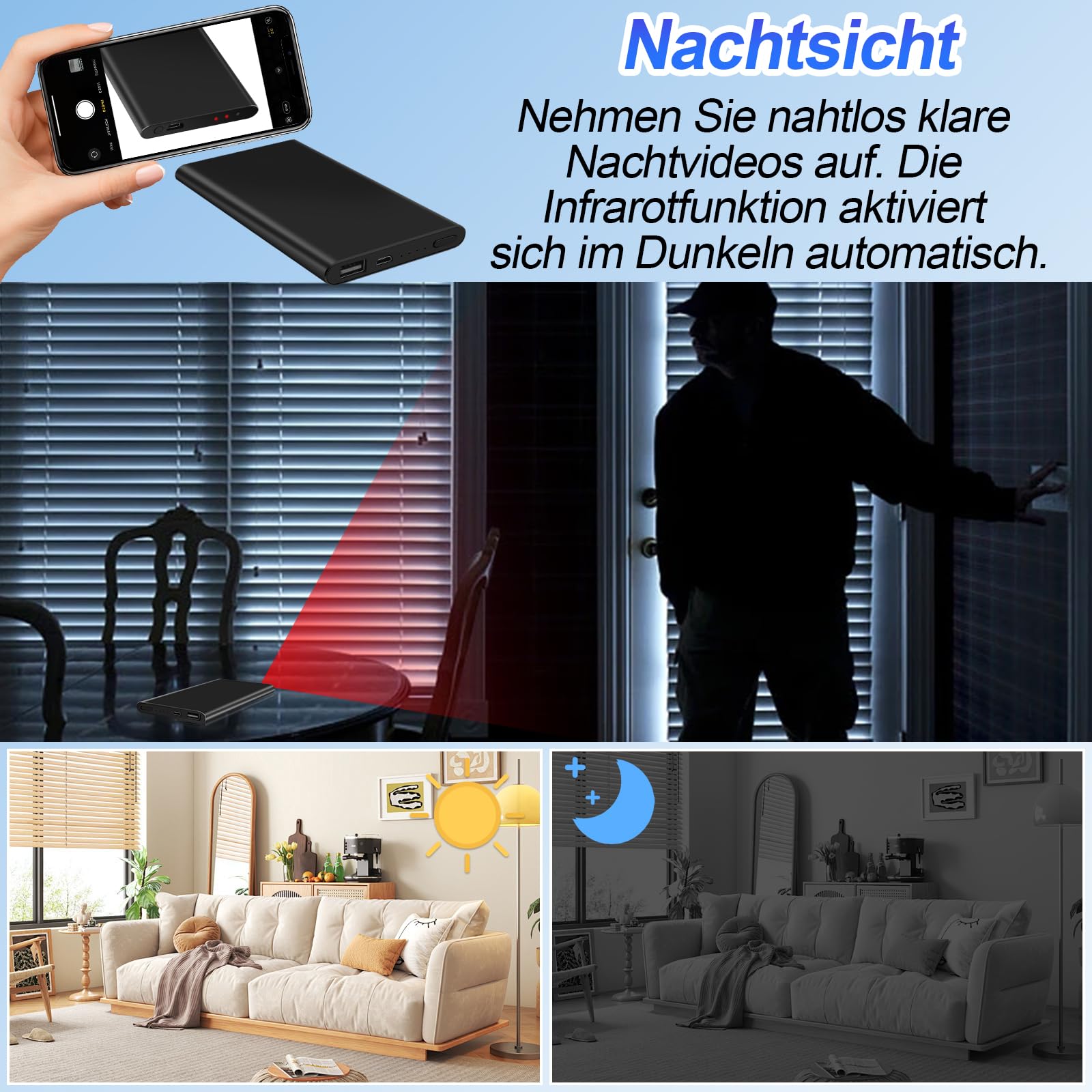 Mini HD Kamera, Dual-Funktion 1080P HD Powerbank Kamera, 17h Aufnahme mit 5000 mAh Akku & 3-in-1-Kabel