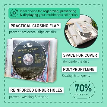 Tarifold CD Sleeves for 2-Ring Binders, Secure Closing Flap, 100 Pack