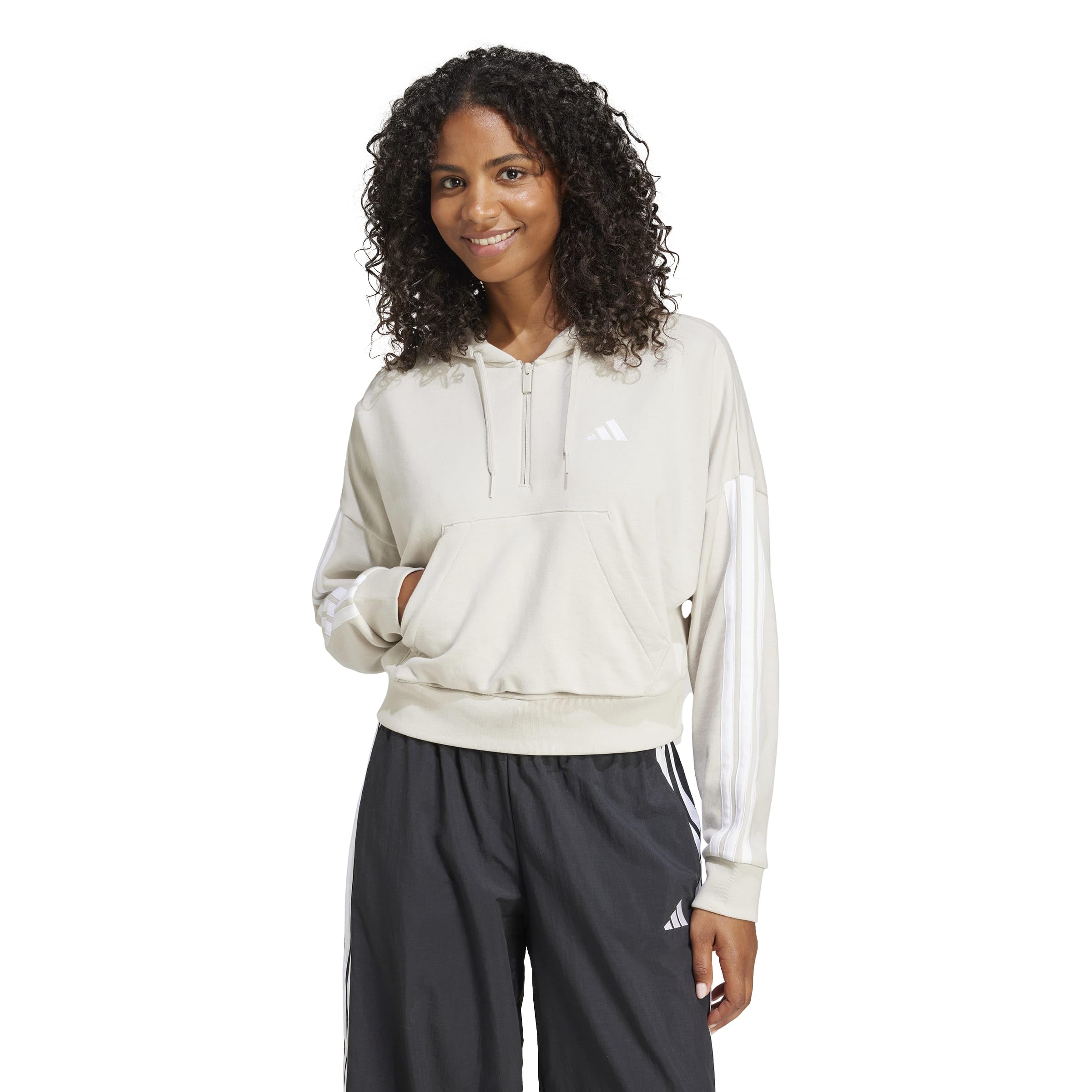 adidas Women Felpa con Cappuccio Essentials 3-Stripes French Terry Quarter-Zip