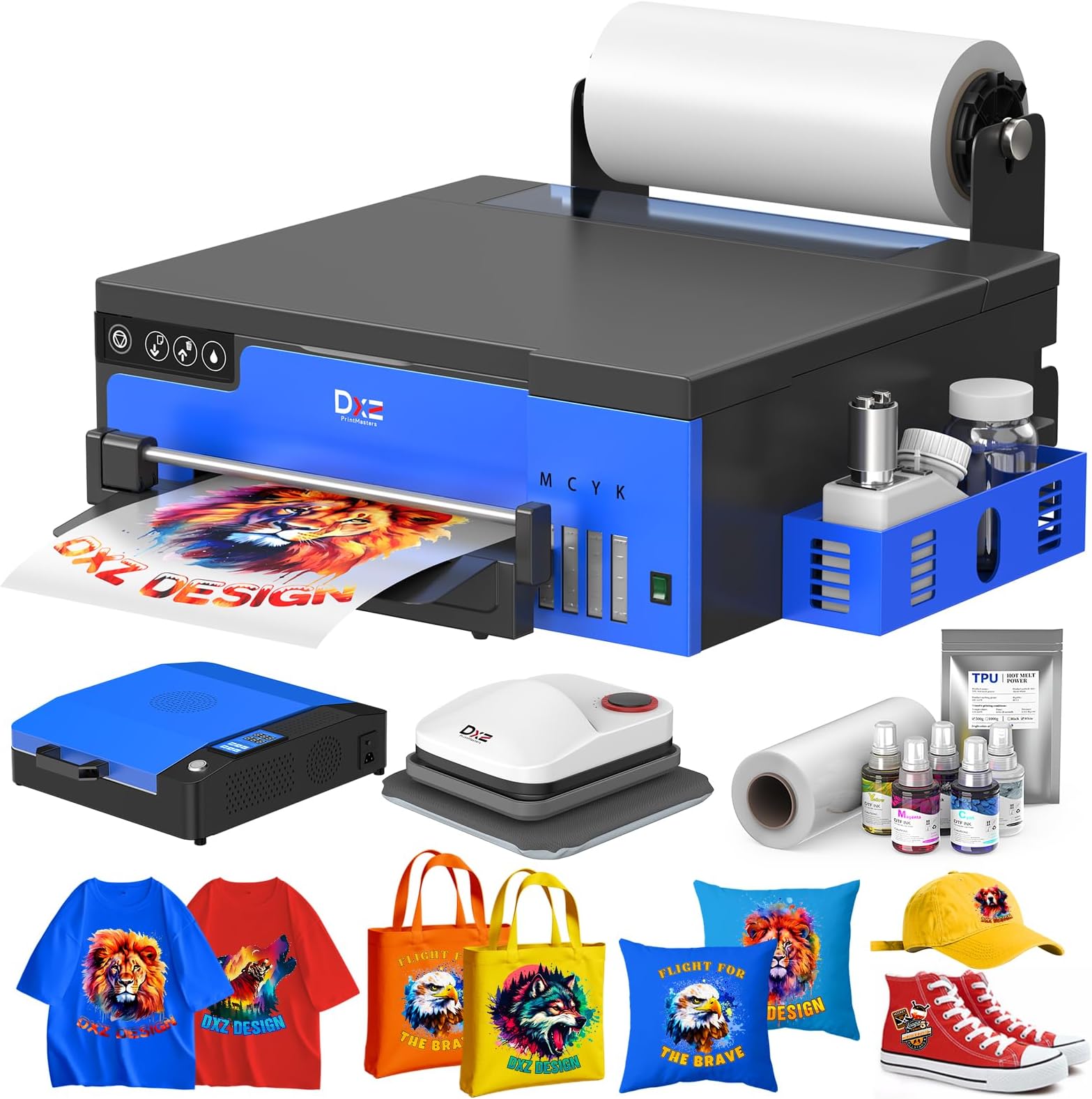 DXZ 2026 A4 DTF Printer with Roll Feeder-XP600 Doubled Printing Speed Compared to L1800 and L805,Built-in White Stirring System for DIY T-Shirt,2-Year Ink Included (Printer+Oven+Heat Press)