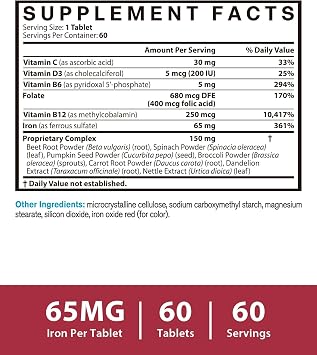 Iron Supplement 65mg, with Vitamin C, D3, B6, B12 & Folate, Spinach, Broccoli, Beet Root, Pumpkin Seeds, Dandelion & Carrots, Blood Building & Energy Support, 60 Tablets