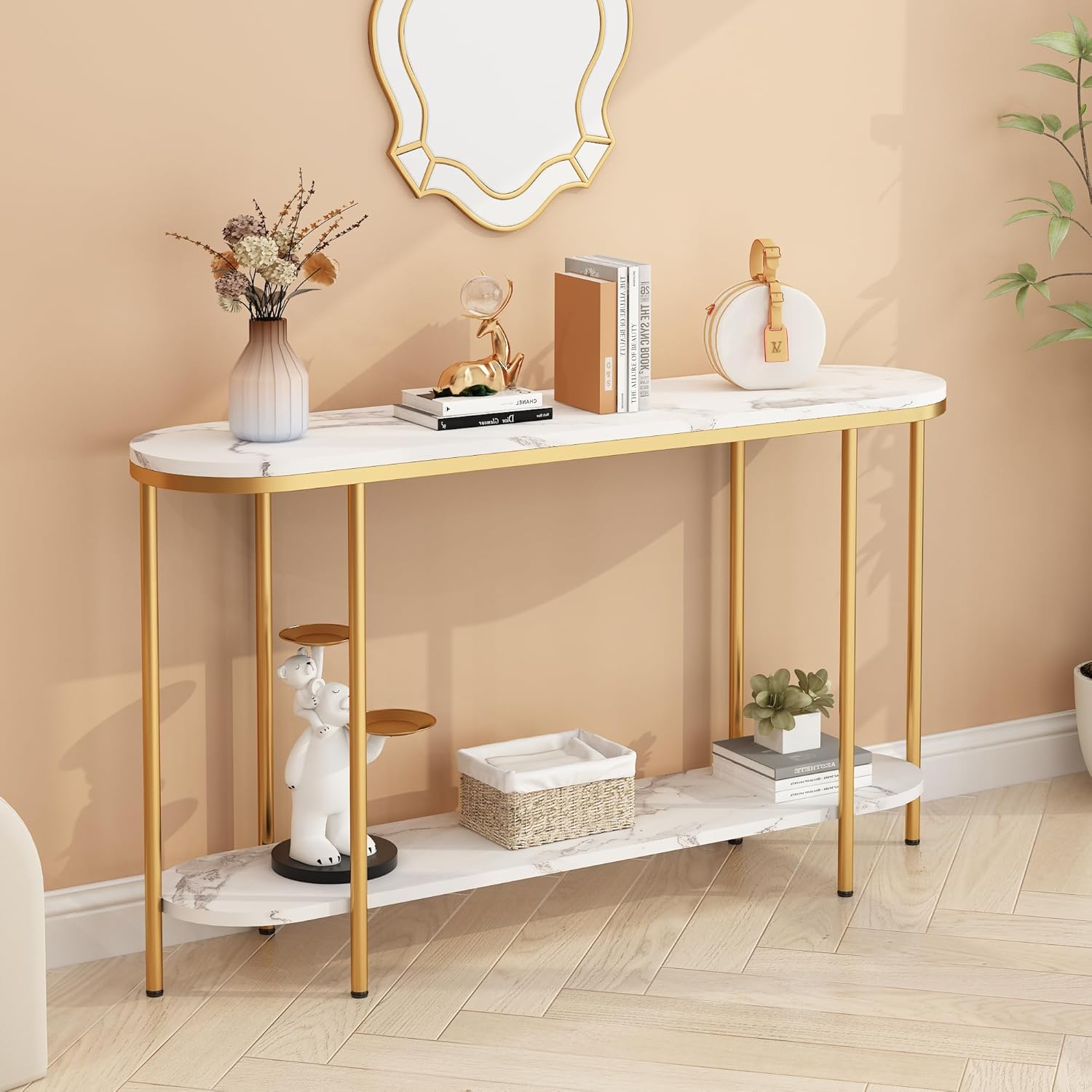 Karl home 2-Tier Console Table for Entryway, Entryway Table with Storage Shelves White Round Marbled Tabletop Gold Metal Frame, Modern Behind Couch Table for Living Room Hallway Entrance Foyer,42 Inch