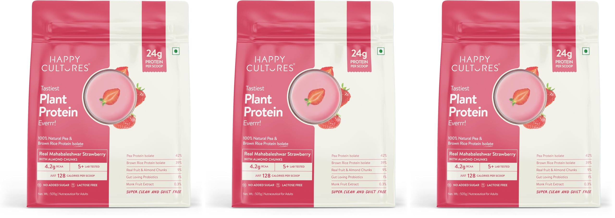 Happy Cultures 24g Tastiest Plant Protein| Mahabaleshwar Strawberry & Almond Chunks| No Added Sugar| Pea & Brown Rice Protein Isolate| Vegan| 18 Complete Amino Acids| Monk Fruit Extract| Women & Men| No Bloating, Easy to Digest| Dairy Free with Probiotics - 505g-image-22