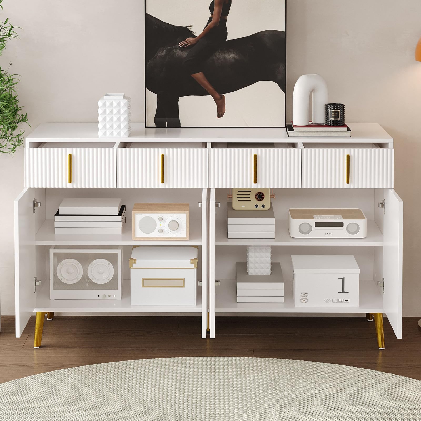 Sideboard mit 4 Türen, Modern Kommode mit 4 Schubladen, Schubladenschrank mit Griff und Beine, Küchenschrank für Flur, Schlafzimmer, Wohnzimmer, Geschwungenes Design, 140x38x82cm, Weiß