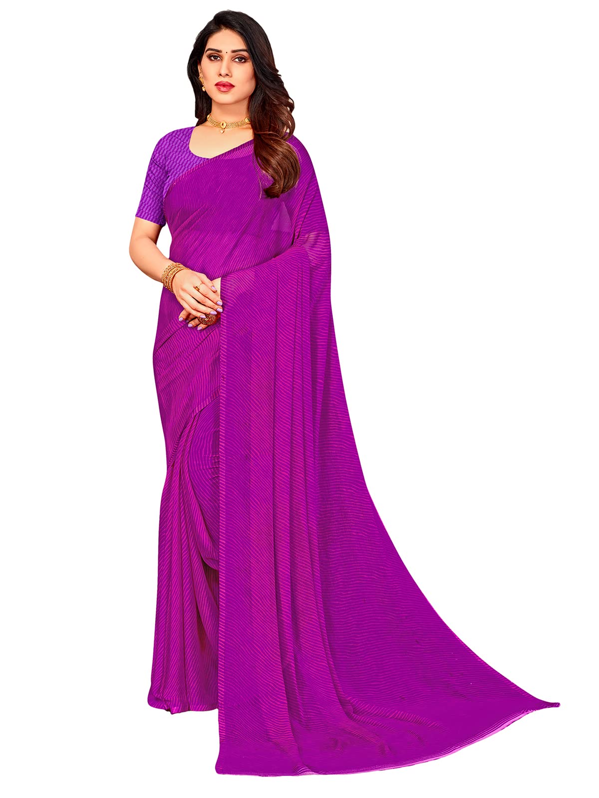 SIRILWomen's Chiffon Laheriya Printed Saree with Unstitched Blouse Piece(2969S2651_Purple, Rani Pink), Purple, Rani Pink, One Size