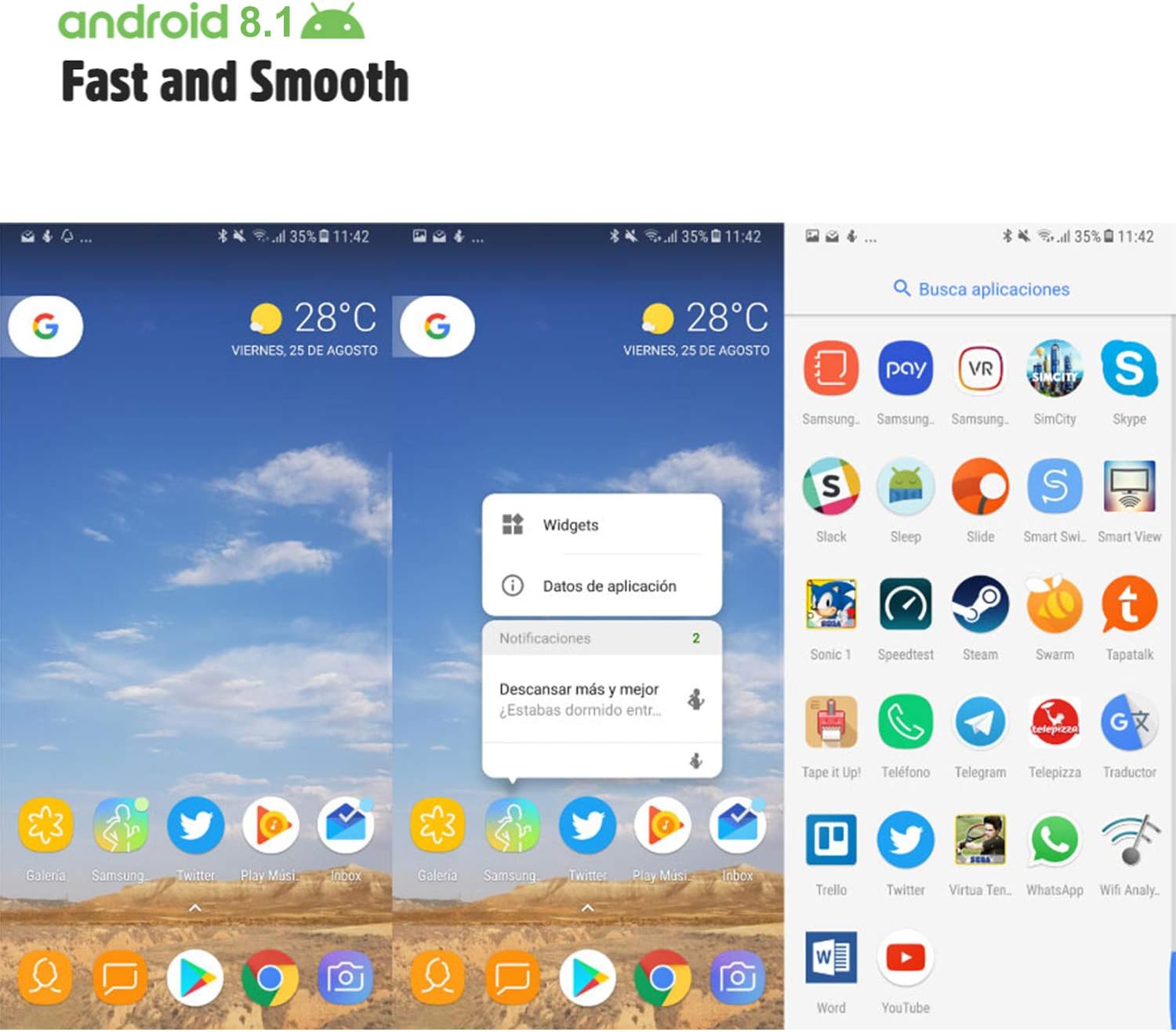 Screenshots of the Android 8.1 interface on the Xgody Mate10+, showing the home screen with widgets and the app drawer.