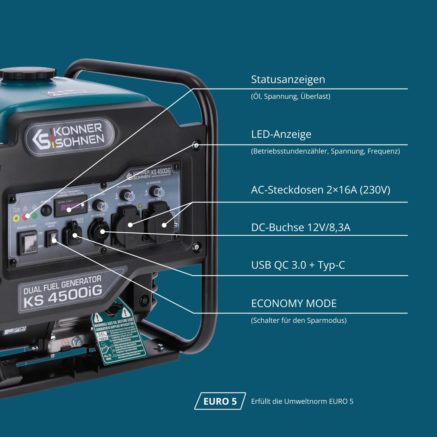 K&S Könner&Söhnen KS 4500iG Générateur Inverter (gaz/essence) 4500 W, générateur d'énergie avec USB, mode Eco | Groupe électrogène de secours pour camping, maison et atelier, générateur inversé