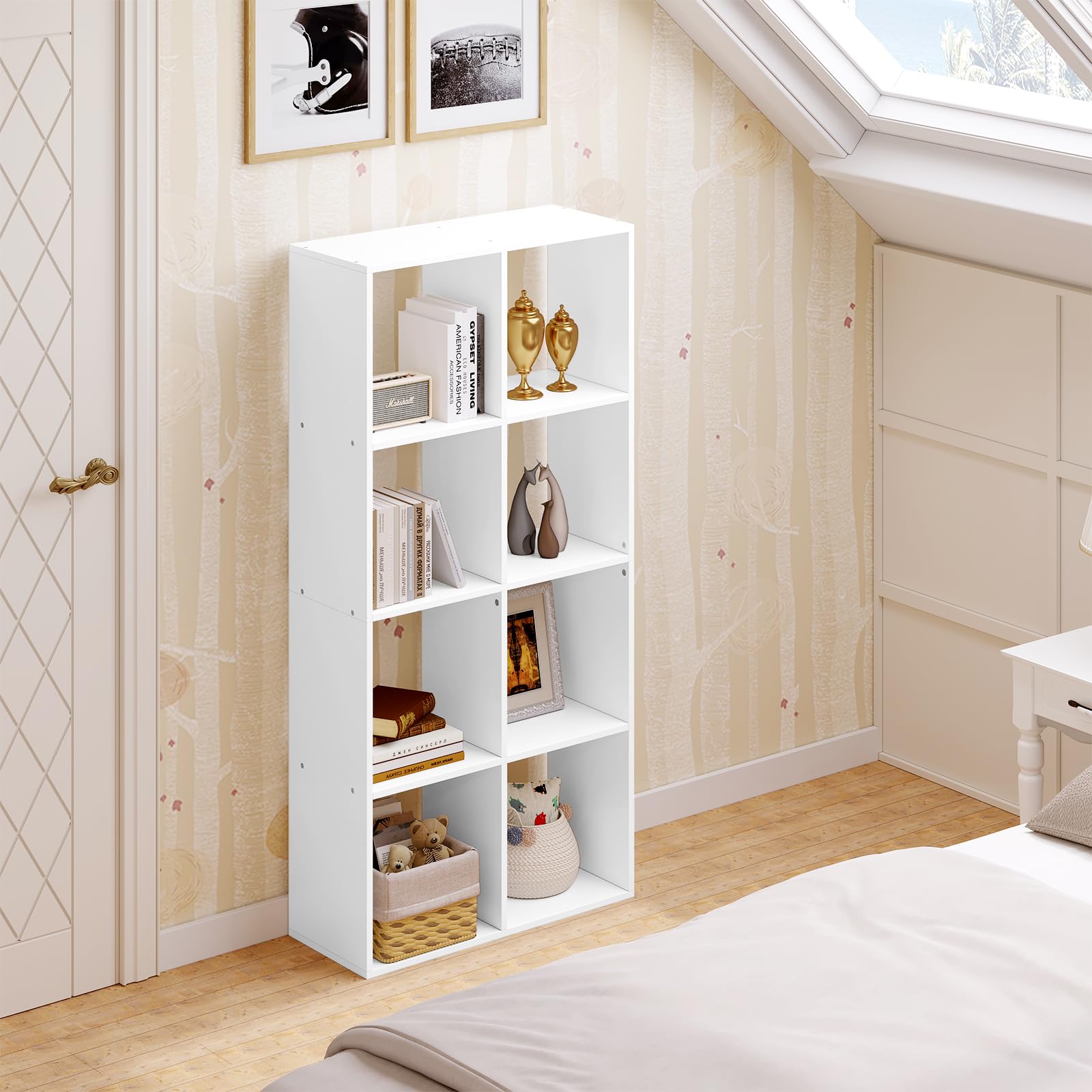 WOLTU Bücherregal mit 4 Ebenen, Standregal mit 8 Fächern Kippschutz, DVD-Regal aus Holzwerkstoff, als Raumteiler Aktenschrank, für Wohnzimmer Küche Büro, 71x140.5x29 cm, Weiß