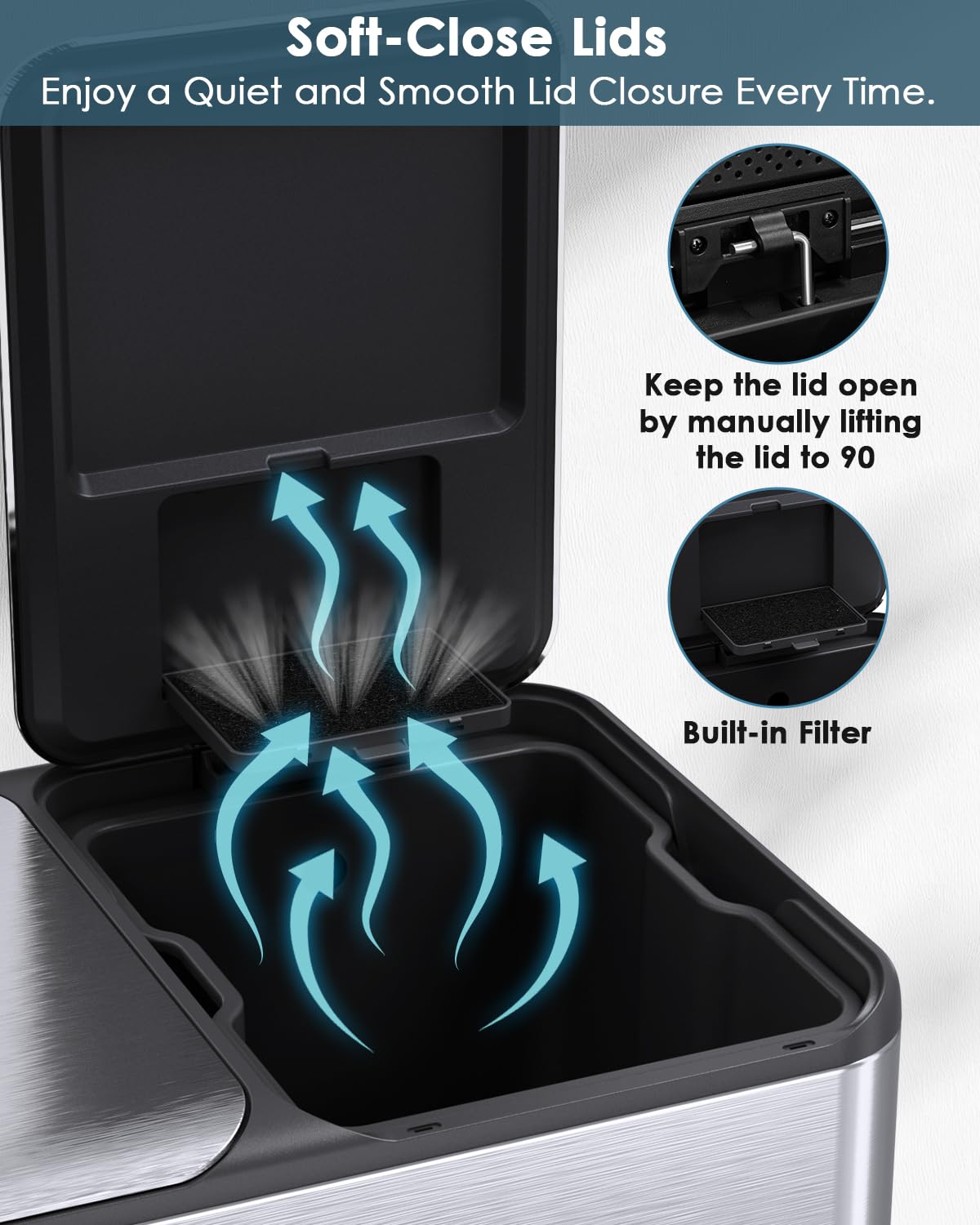 LIFERUN Poubelle à 2 Compartiments, 2 X 30 L, à Pédale, Avec Filtre Anti- Odeur, Couvercle Silencieux, Seau Intérieur En Plastique, Système De Tri Des Déchets, Double Poubelle En Métal, Pour Cuisine