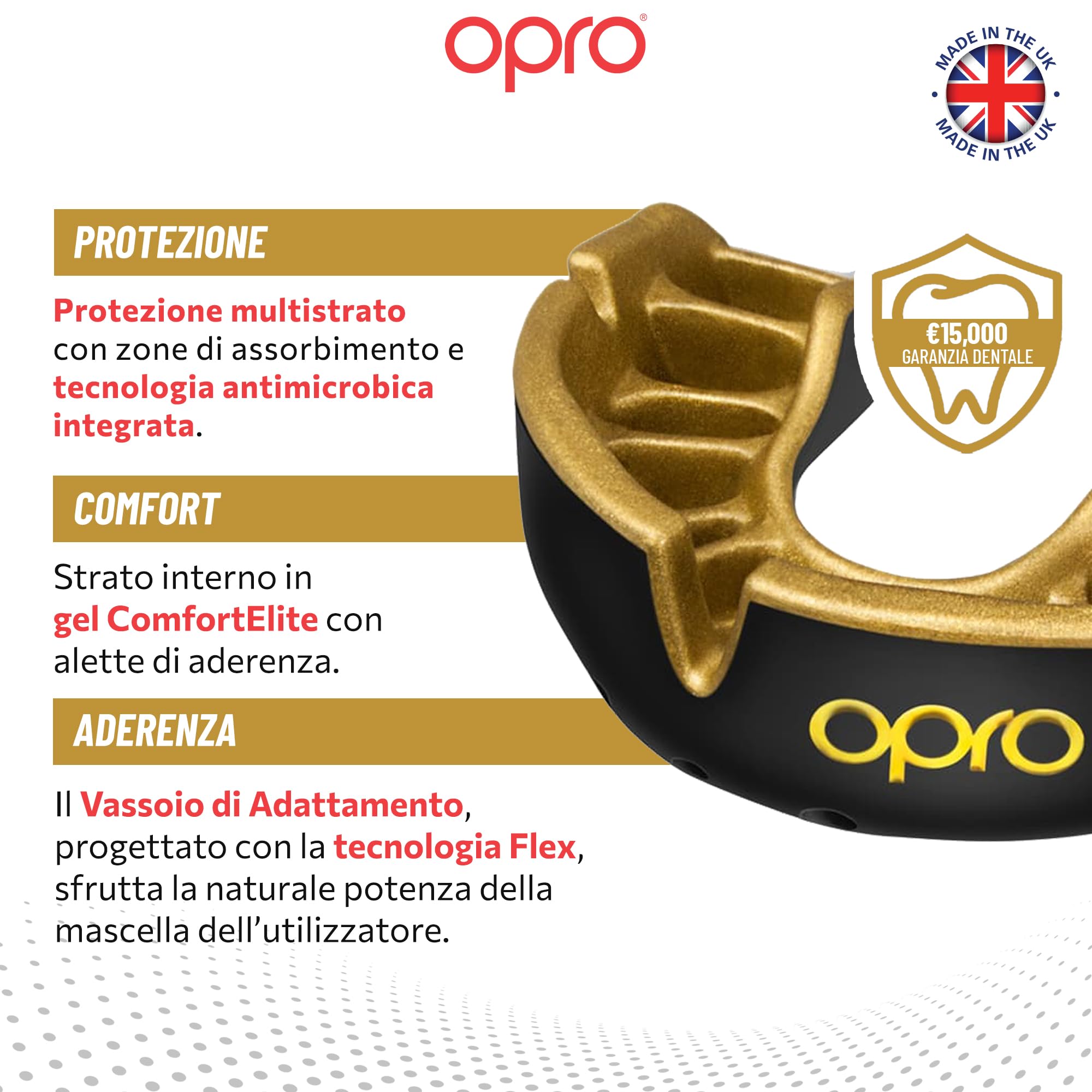 OPRO Paradenti Livello Oro – Aderenza Ottimale – Paradenti per Boxe, MMA, Rugby, Hockey – Protezione Dentale per Adulti e Bambini – Facile da Modellare – Con Garanzia Dentale
