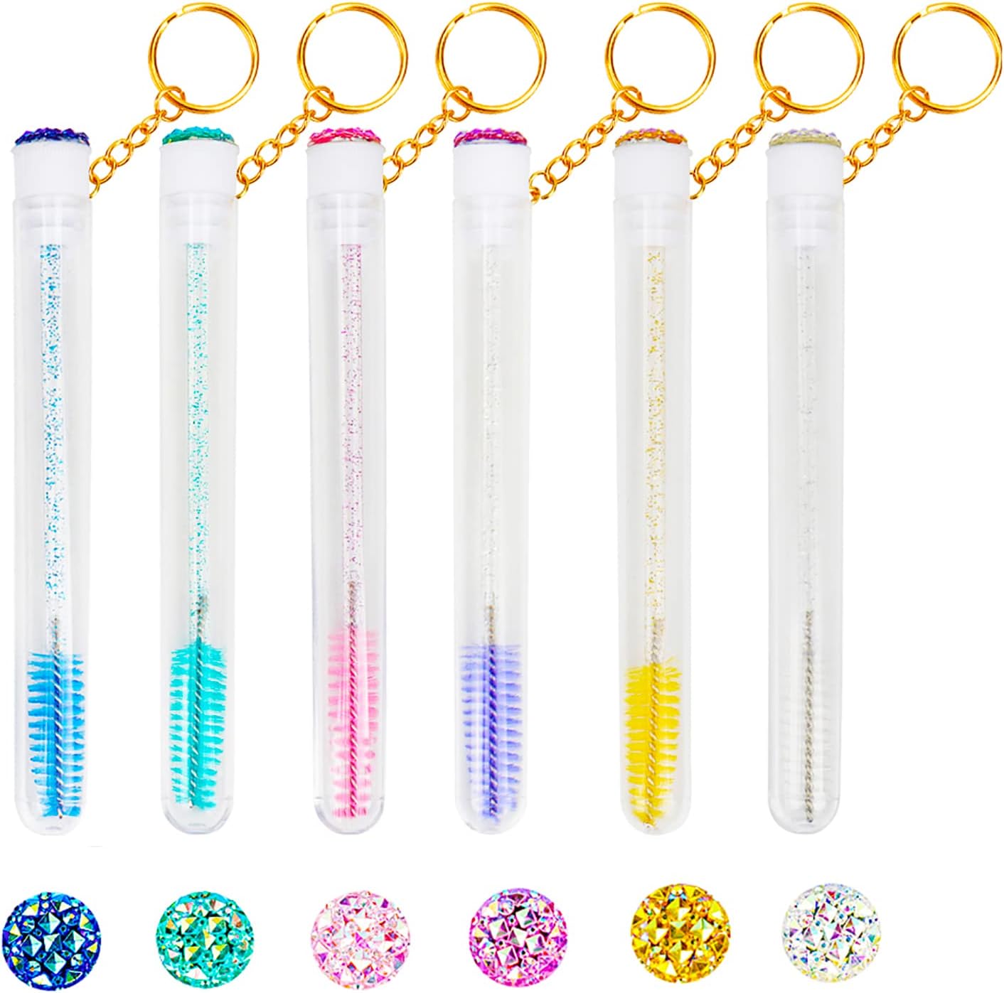 48 Pieces Disposable Mascara Wands Set,Include 24 pcs Disposable Crystal Lash Spoolies Brush and 24 Pieces Reusable Diamond keychain Empty Eyelash Brush Tubes for Women Girls Makeup Brush Kit