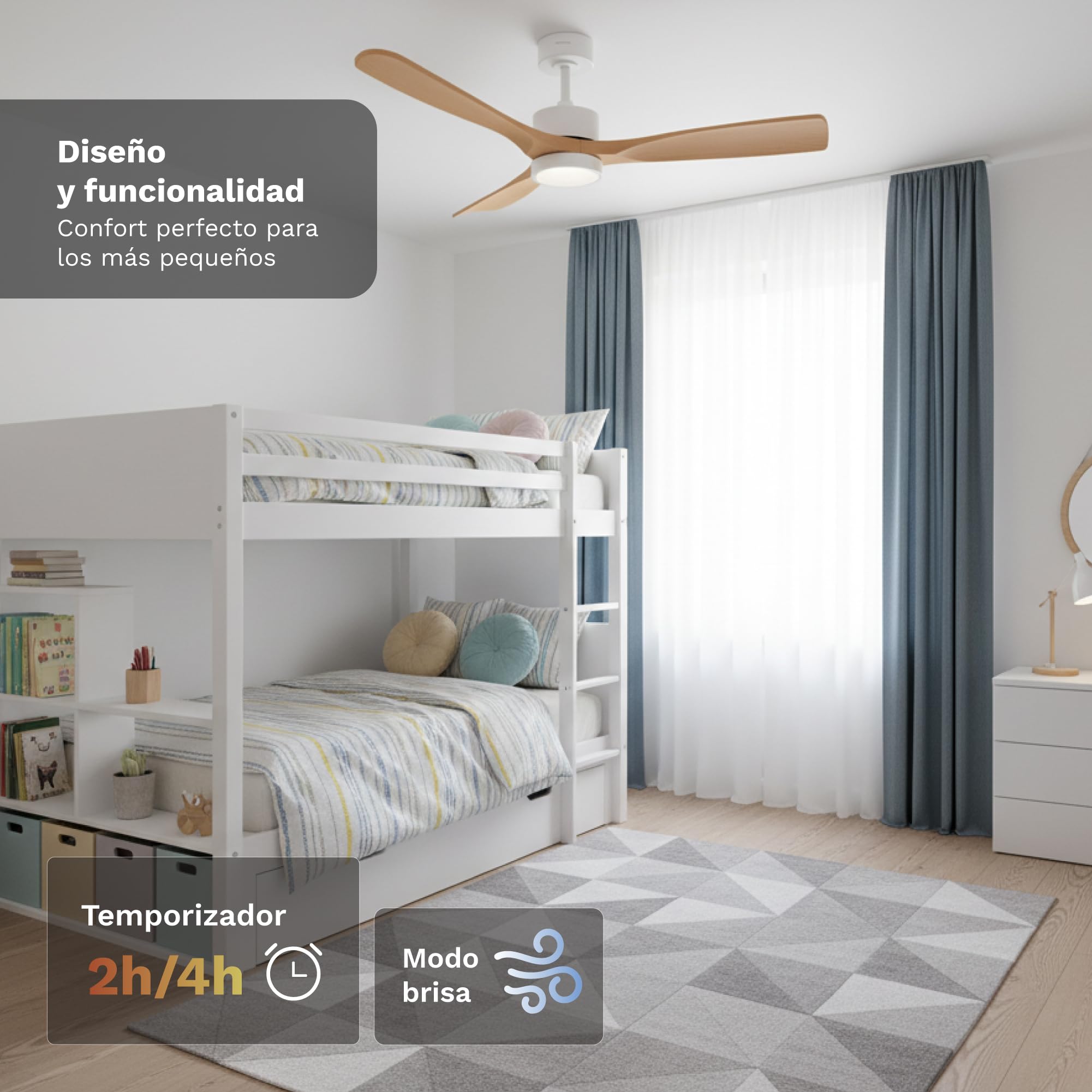 Grunkel - Ventilador de techo con luz LED. Motor DC. Mando a distancia. 6 velocidades. Temporizador 8 horas - 35W aspas imitación madera (Plástico)