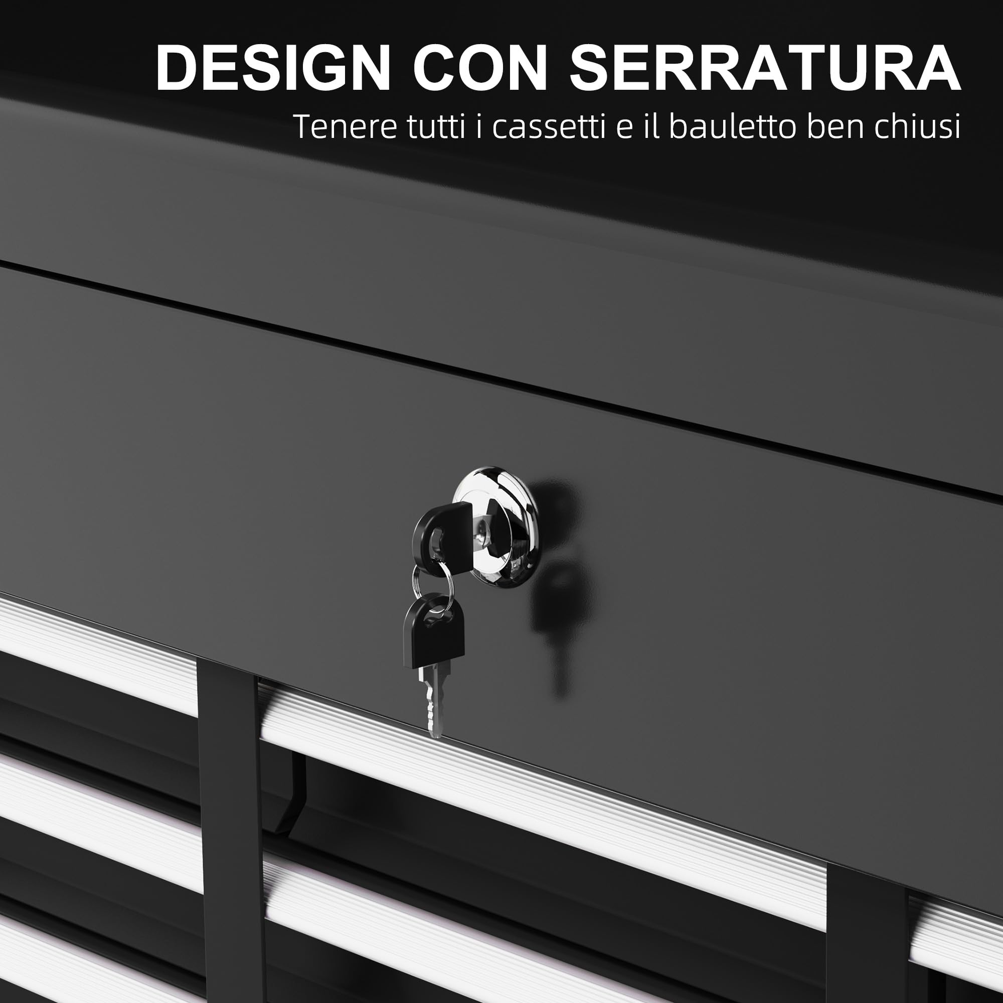 HOMCOM Cassetta Porta Attrezzi a 6 Cassetti con Serratura, Cassettiera per Attrezzi in Acciaio con Guide a Sfera e 2 Maniglie, 60x26x34 cm, Nero