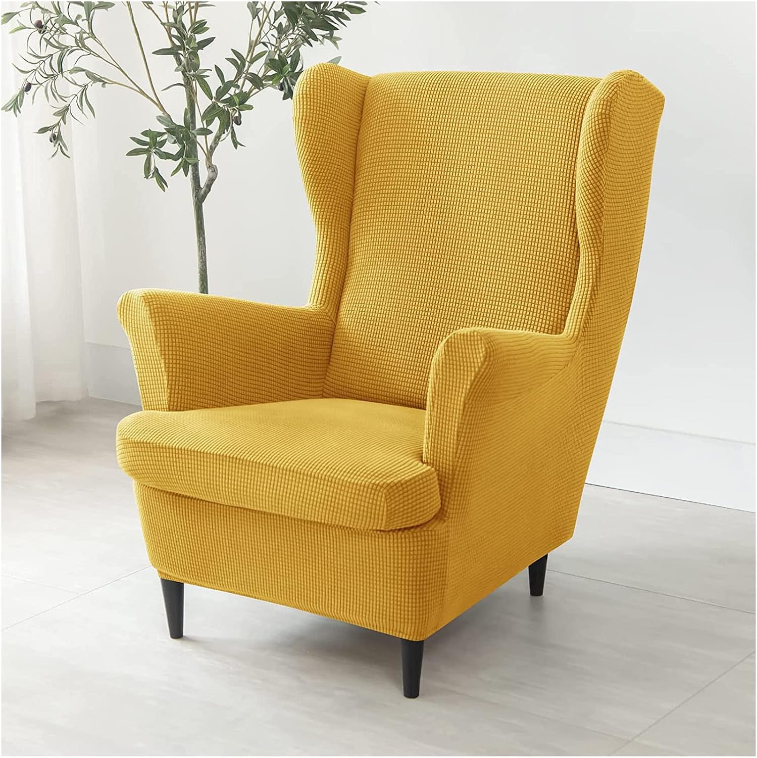 Stretch Wing Chair Slipcover 2 Piece, Jacquard Wingback Chair Slipcover Spandex Non Slip Wingback Chair Cover Wing Chair Covers Washable Anti-Slip for Chair Living Room (Yellow)