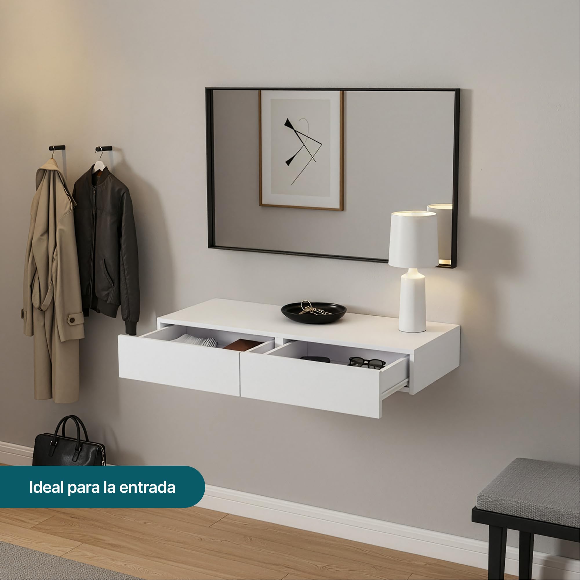 [en.casa] Estanteria Pared Karstula con 2 Cajones hasta 5 kg Mesilla de Noche Mural Estante con Dos Cajones Recubierto de PVC 80 x 35 x 12 cm - Blanco