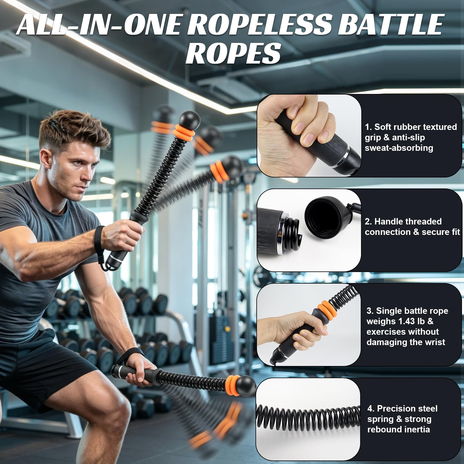 2 sztuki Ropeless Battle Rope bez liny z ciężarkami, ciche liny bojowe z antypoślizgowym uchwytem, HIIT trening całego ciała dla siły, wytrzymałości i spalania tłuszczu, domowa siłownia, fitness