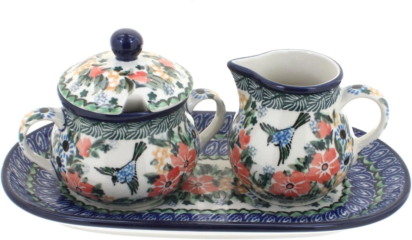 Blue Rose Polish Pottery - Orange Peach Posy Cream & Sugar Set with Tray - 6 oz Capacity - Hand-Painted Polish Pottery Ceramic Creamer & Sugar Bowl with Lid