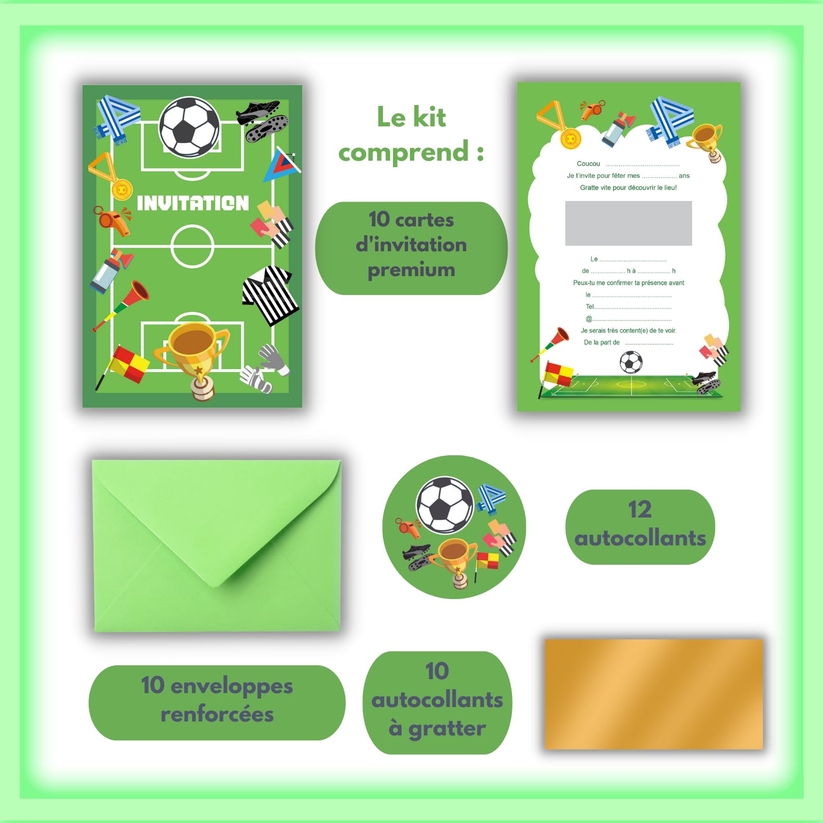 Fête Enfant Football Invitations Anniversaire Foot à Gratter - 10 Cartes Enveloppes - Personnalisables - Enfants 5-12 Ans Carte Invitation Anniversaire Foot