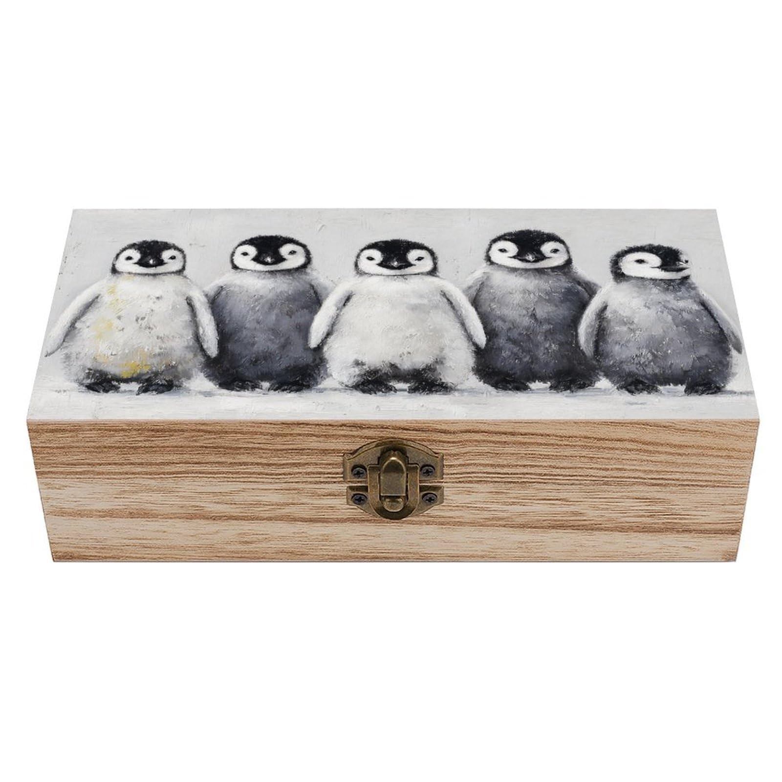 asbwuo Cute Penguins in A Row Wooden Storage Box with Hinged Lid