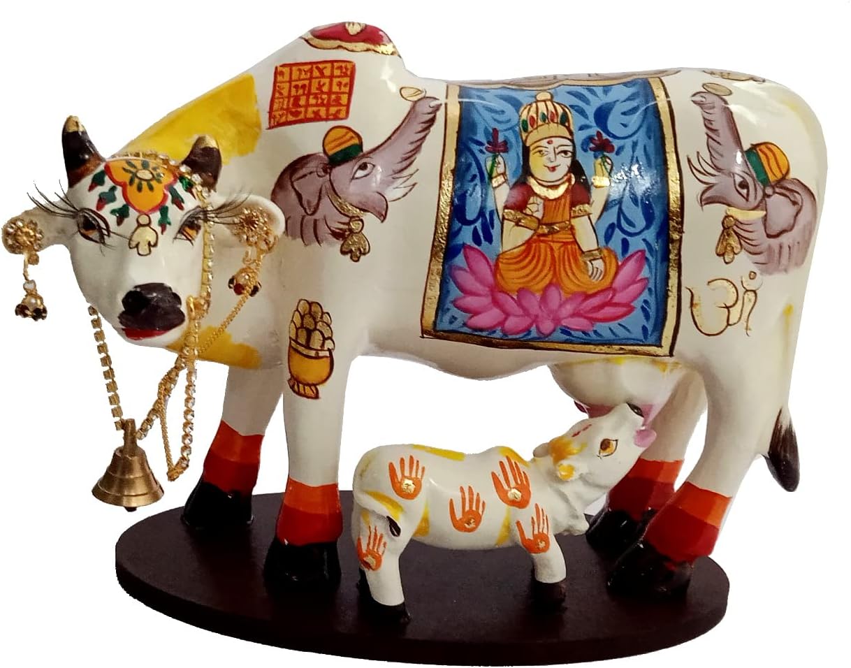 Purpledip Resin Idol Kamdhenu Wish Cow & Calf: Hindu Godess Lakshmi Mahalaxmi Painted Good Luck Statue (10103E)
