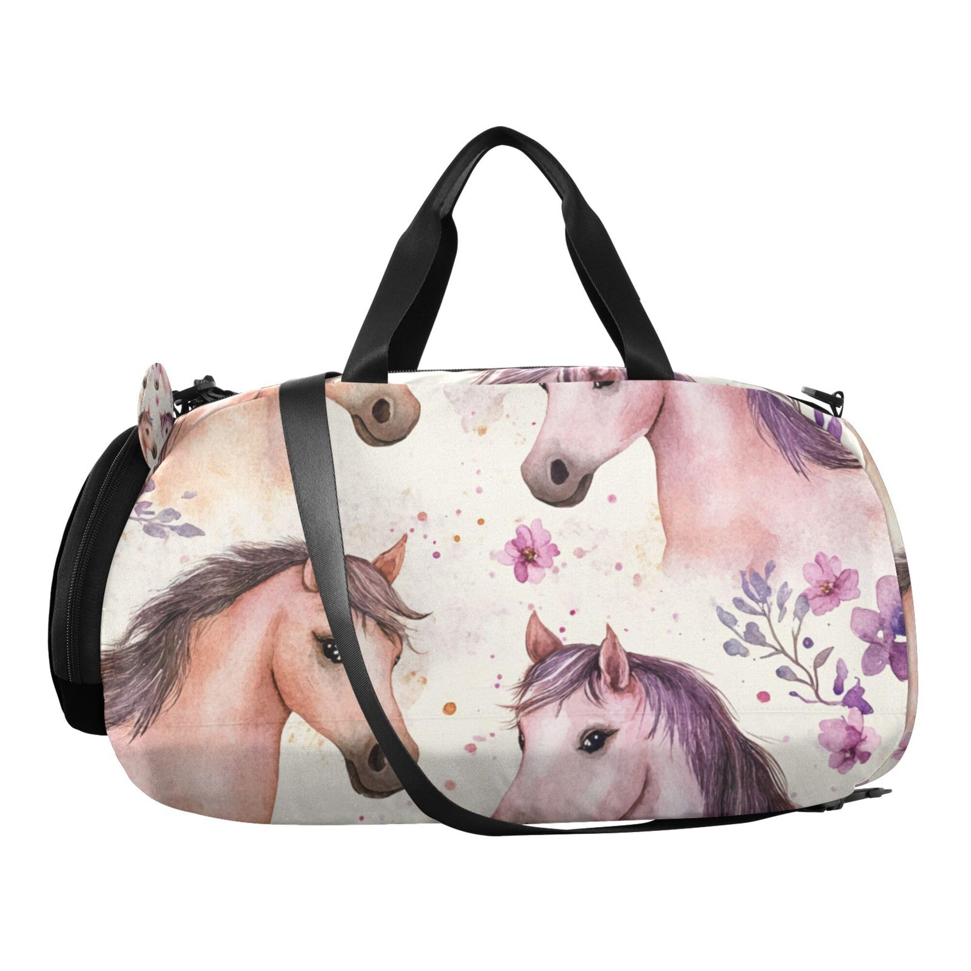 Glaphy Watercolor Horse Flowers Duffle Bag for Toddler Boys Girls, Gym Sports Bag with Shoe Compartments, Kids Travel Overnight Weekender Shoulder Bag