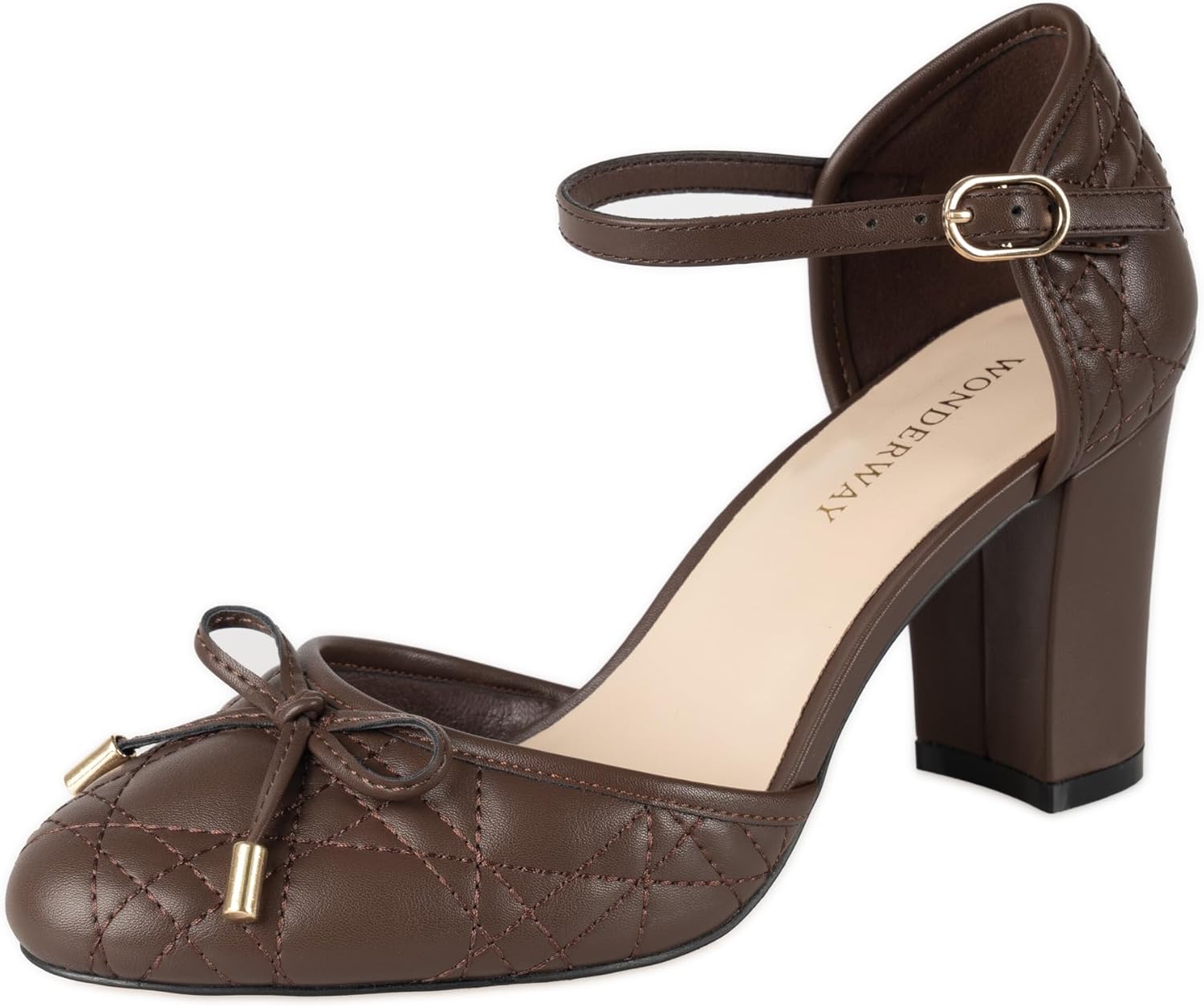 WONDERWAY Women's Chunky Block Heel Pumps, Bow Ankle Strap Closed Toe High Heels, Round Toe Dressy Casual Shoes