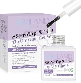 SAVILAND Gel Nail Glue: 30-Day Long Lasting Super Adhesive Glue Castor Oil VE for False Tips Strong Hold X Nail Art Tool U V Lamp Curing Needed for Use Home DIY SSProTip X 4.0