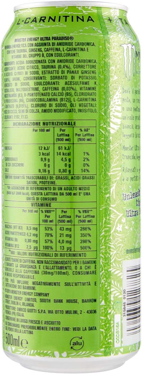 Ultra Paradise Bevanda energetica - Lata de manzana (48 x 500 ml, sin azúcar) | Energy Drink senza zucchero, sin alcohol, verde refrescante, ideal para deportes, lavoro e gaming, peso neto total 24 L