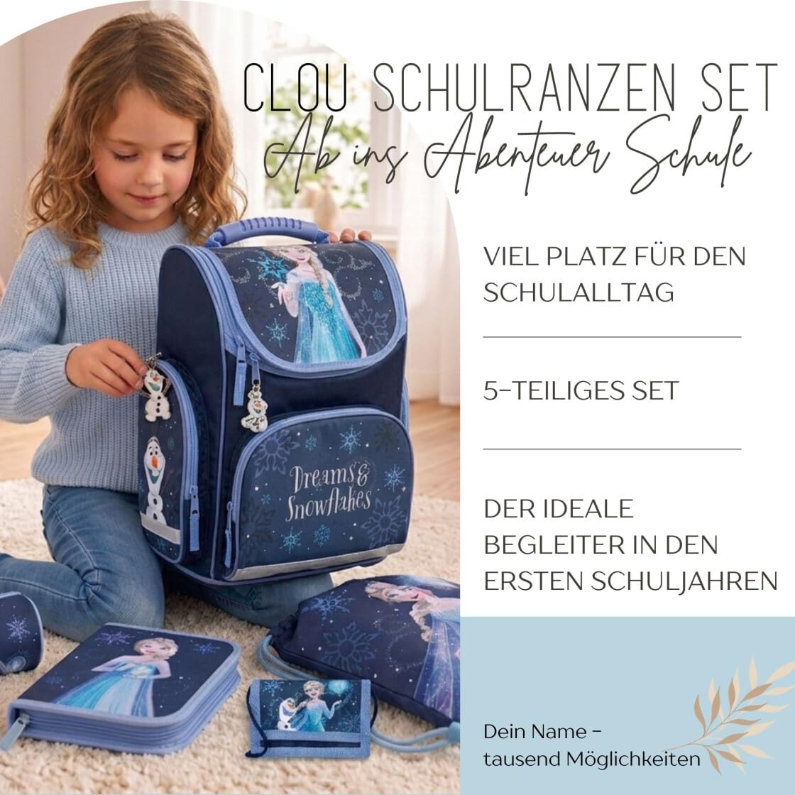 Undercover Juego de mochila escolar de 1ª clase, contenido personalizado con nombre, mochila escolar para niños y niñas, Frozen (Navy Dark Blue), 5-teilig, Juego de mochila escolar