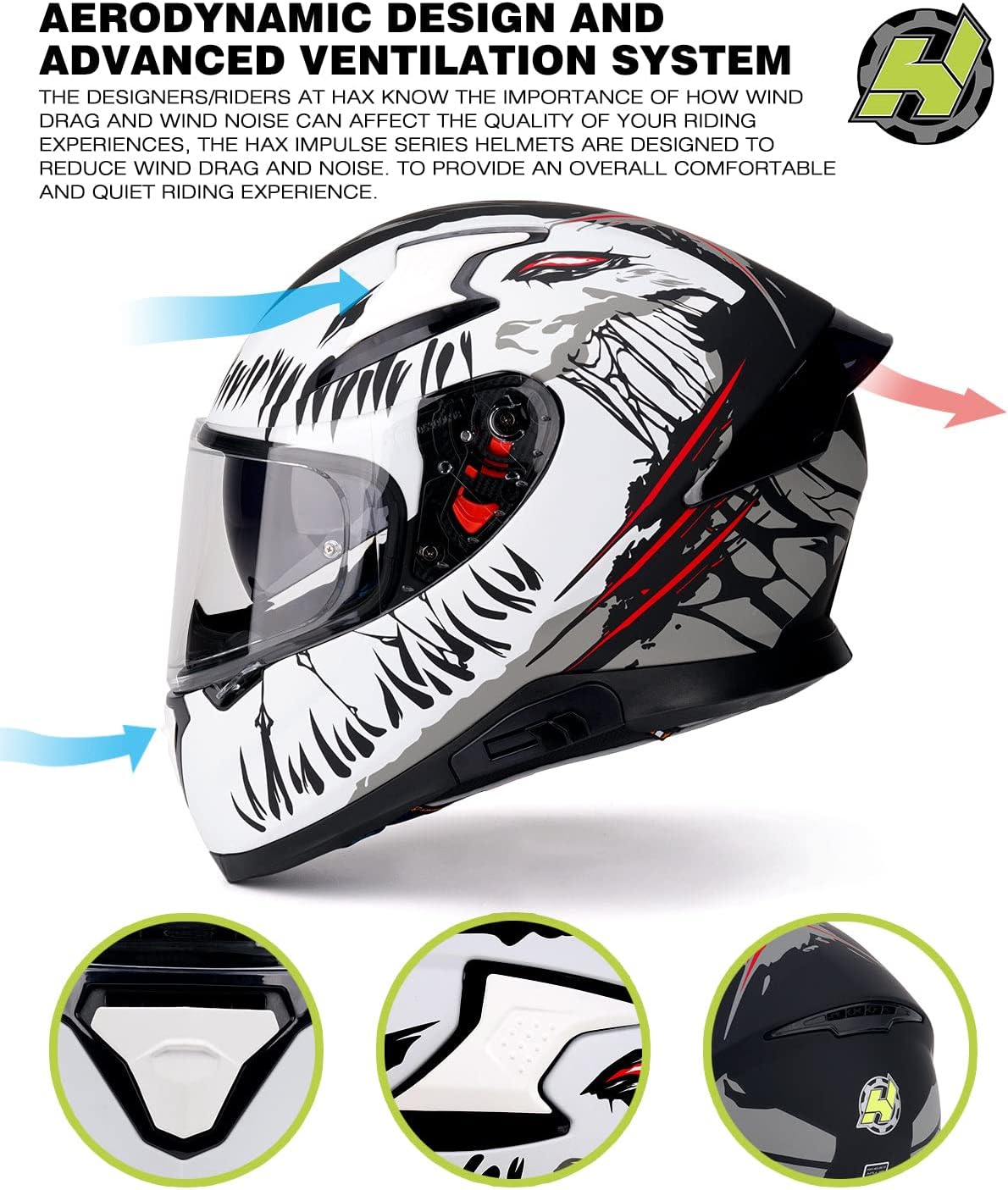 HAX Full Face Motorcycle Helmet with Dual Rear Wing, DOT Approved Motorbike Street Bike Helmet with Pinlock Ready Plastic Nails for Adult