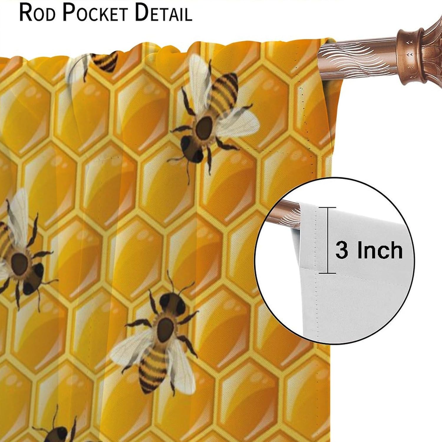 Bee Curtains Honeycomb Honey Insects Art Printed Blackout Window Drapes for Bedroom Living Room Kitchen Decor Fabric Set 2 Panel 42x45 Inch 80% Shading Rate