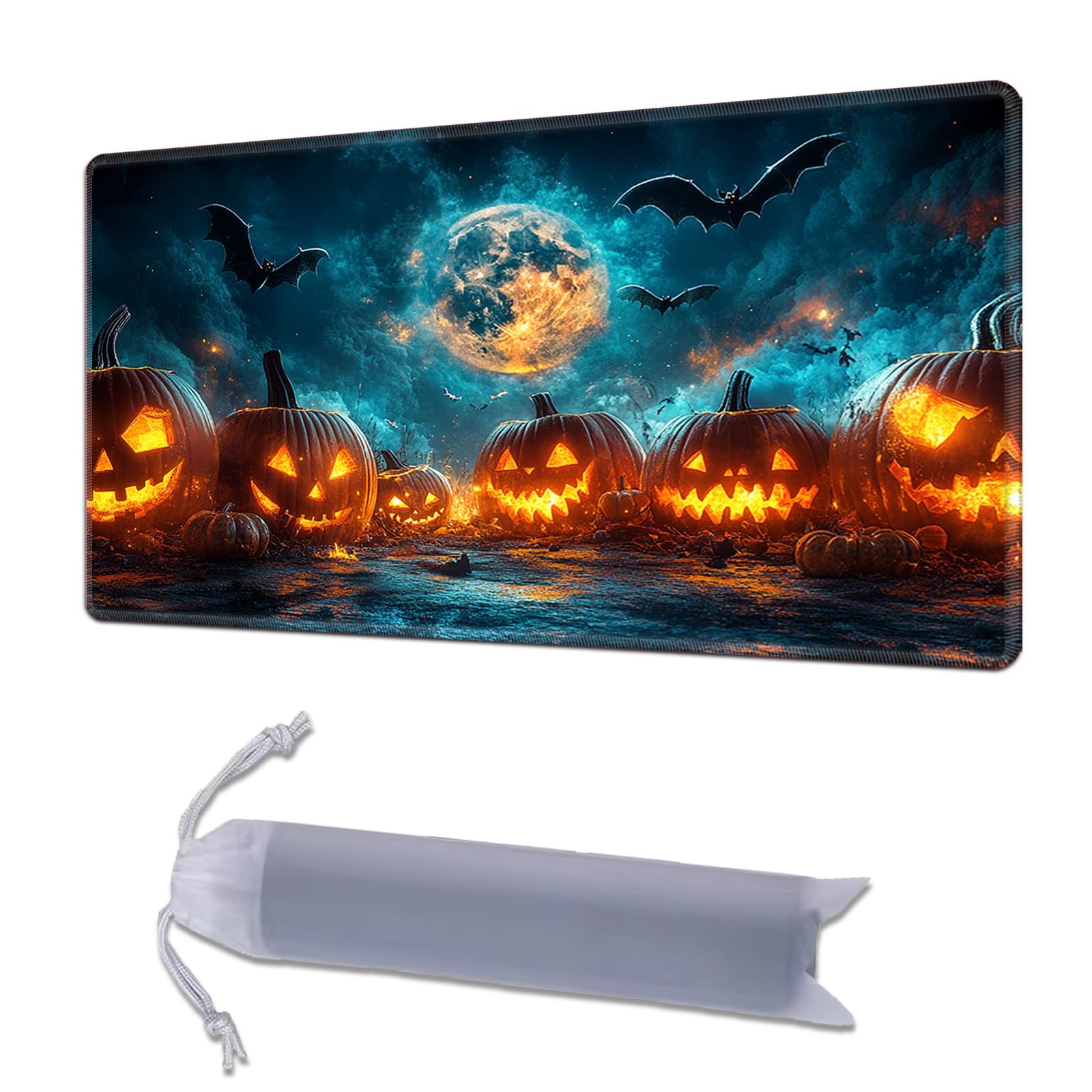 HGGJFLYX Playmat for MTG, 28x16 Inch for TCG Playmat with Non-Slip Rubber Base, Smooth Surface Stitched Edges, Magic Card Game Mat with Storage Bag, and Desk Mousepad, Moonlit Pumpkin Parade