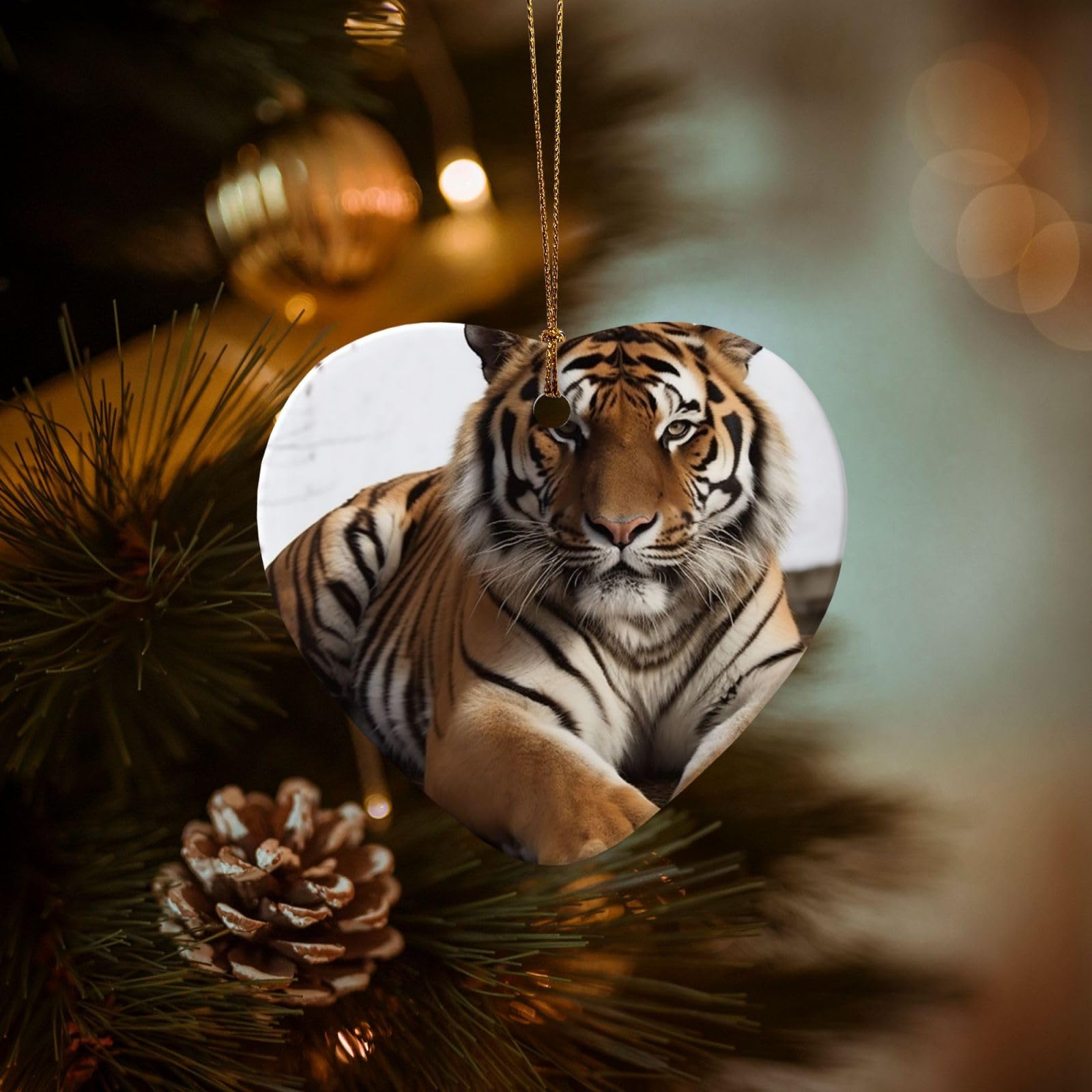 Christmas Ornaments for Christmas Tree Decoration Hanging Big Tiger Ornament with Gold Ribbon Crafts Heart Shape Ceramic Pendant for Keepsake Gifts Xmas Decor Party Supplies