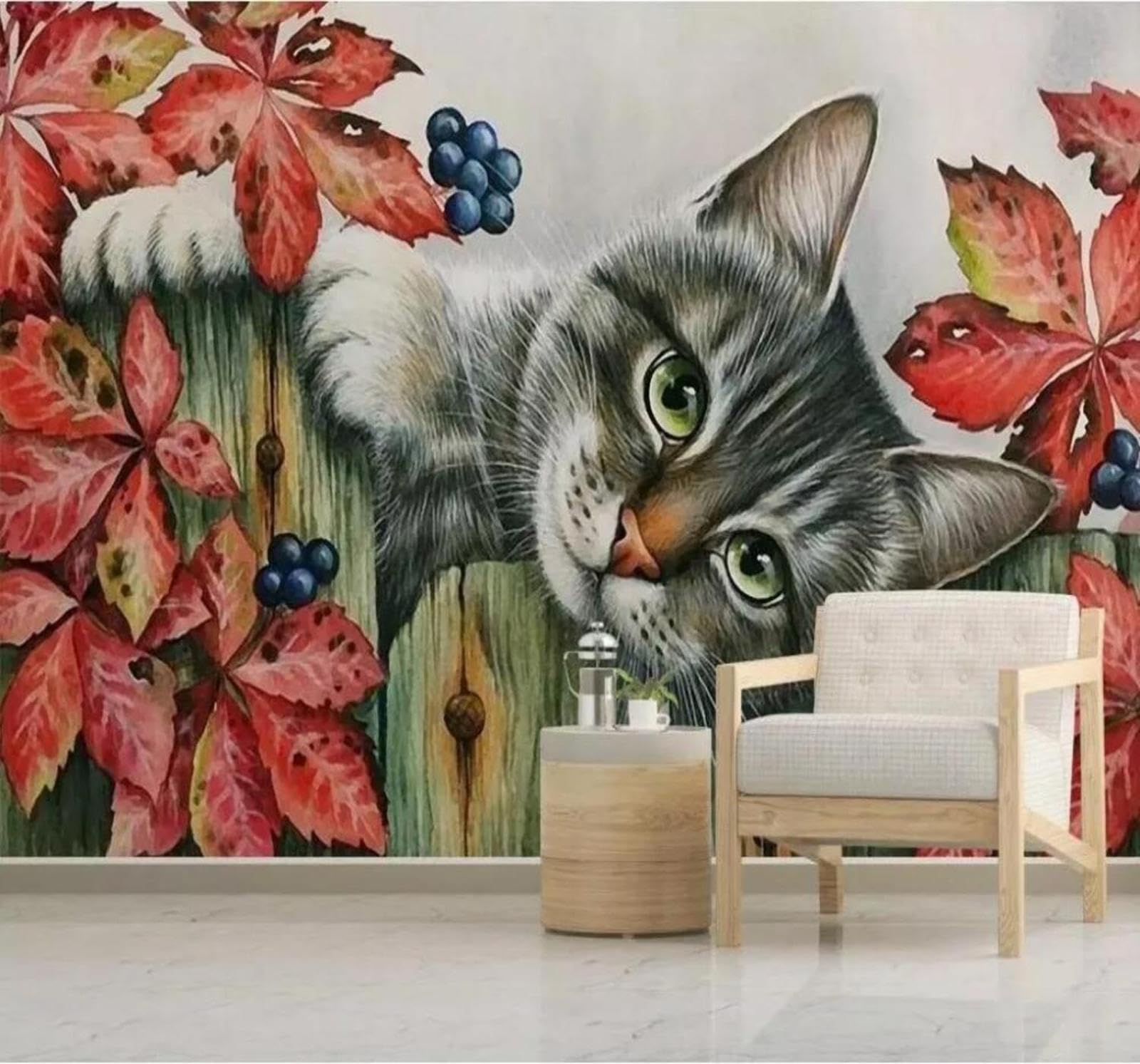 Tzxztt 350Cm×256Cm(B×H) Hand Drawn Cosy Cute Kitten Leaves Modern 3D Wallpaper Premium Textured Silk Neutral Tones Material Ideal For Living Room Bedroom-350Cm×256Cm