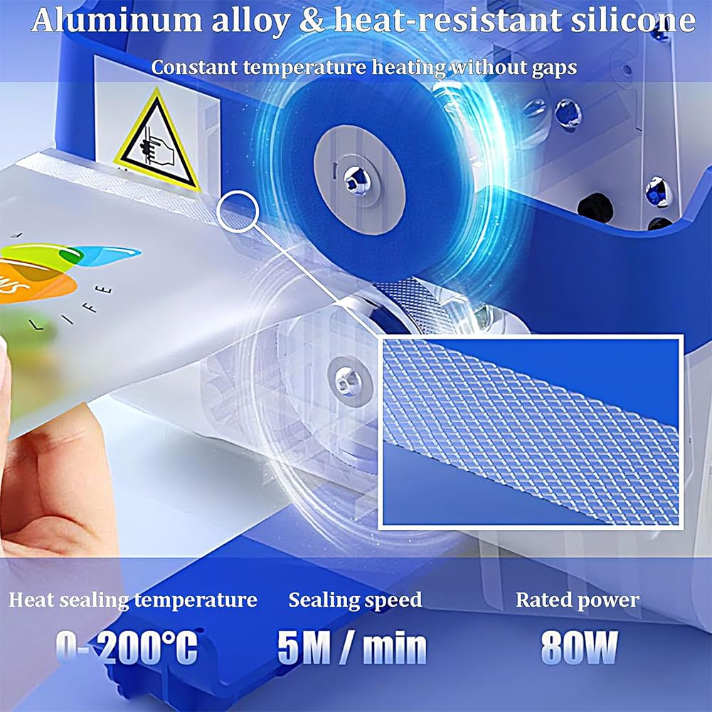 Macchina di Tenuta Automatica di Calore, Rullo di plastica 80W con Temperatura Regolabile, velocità, 5m/min per PVC, Sacchetti di Lamina - Ideale per l'uso Domestico