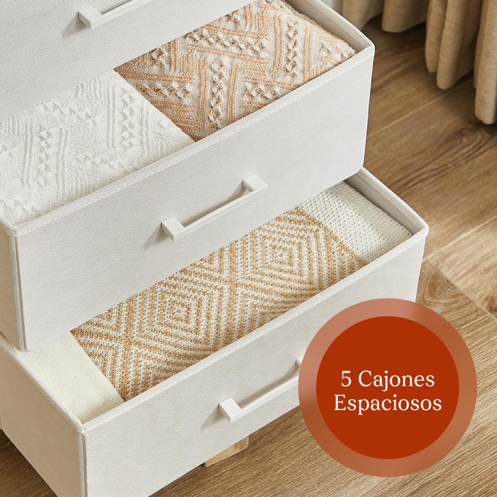 CASABEL cómoda Alta y Estrecha Blanca, 5 cajones de Tela rígida, Metal Blanco y Tablero, 45x30x94cm, cajonera para Dormitorio, salón, recibidor o Pasillo, sinfonier Funcional y práctico