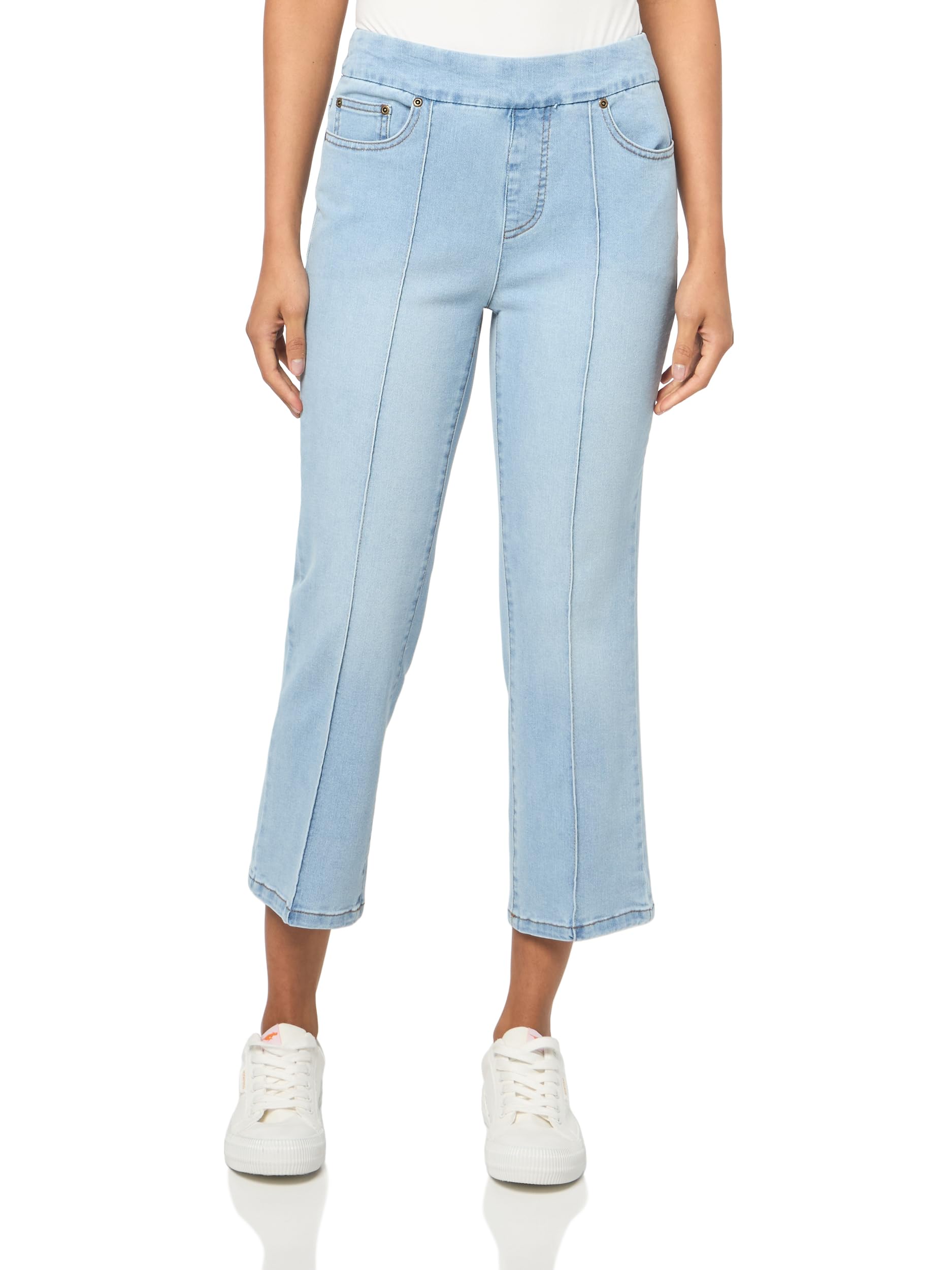 Pull On Pintuck Flare Leg Crop Jean with Real Front and Back Pockets